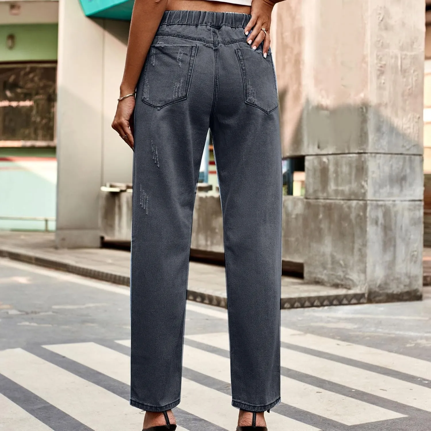 Women's Classic Ripped High Waisted Skinny Jeans Stretch Drawstring Distressed Denim Pants Straight-Fit Long Pants