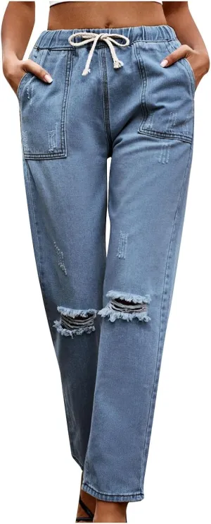 Women's Classic Ripped High Waisted Skinny Jeans Stretch Drawstring Distressed Denim Pants Straight-Fit Long Pants