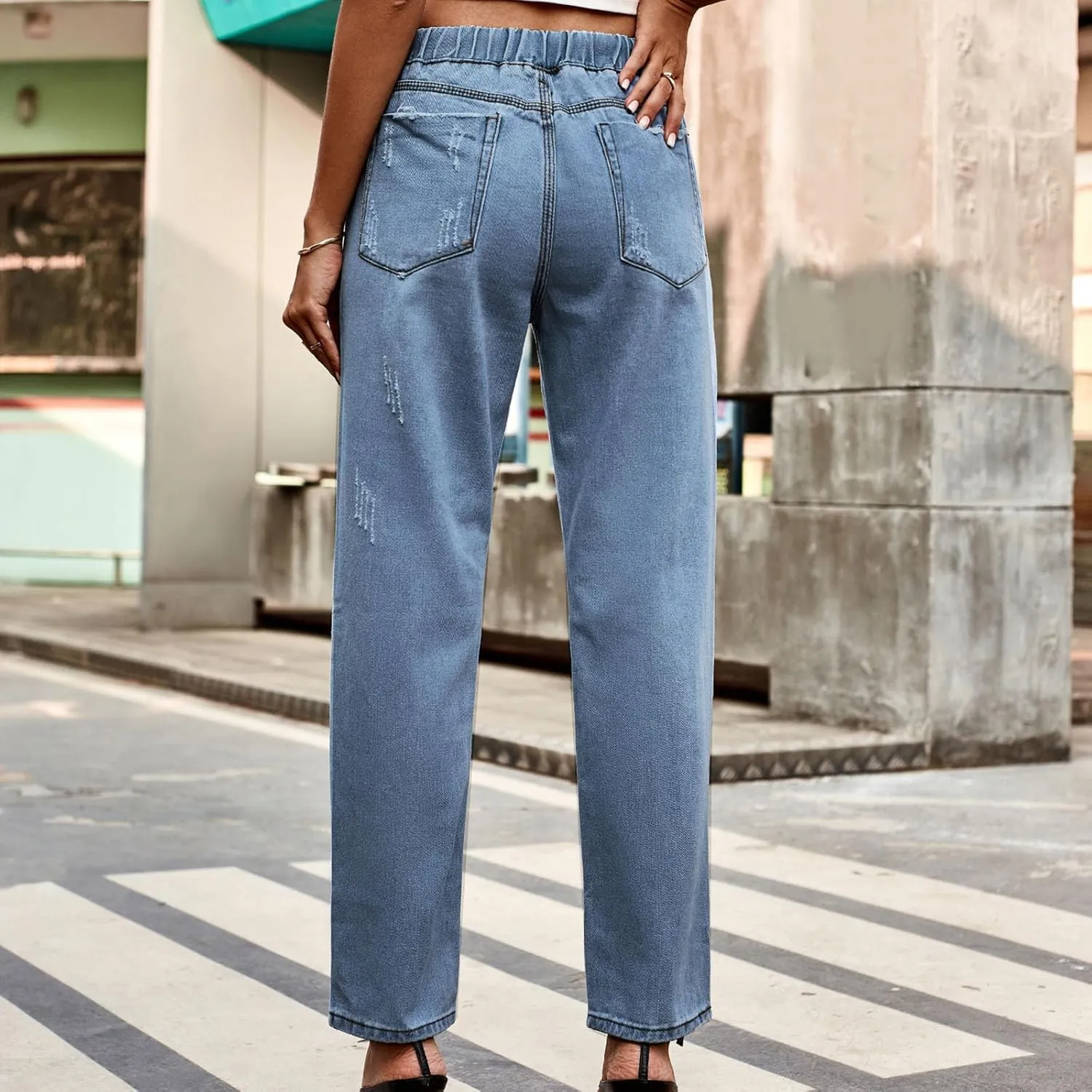 Women's Classic Ripped High Waisted Skinny Jeans Stretch Drawstring Distressed Denim Pants Straight-Fit Long Pants