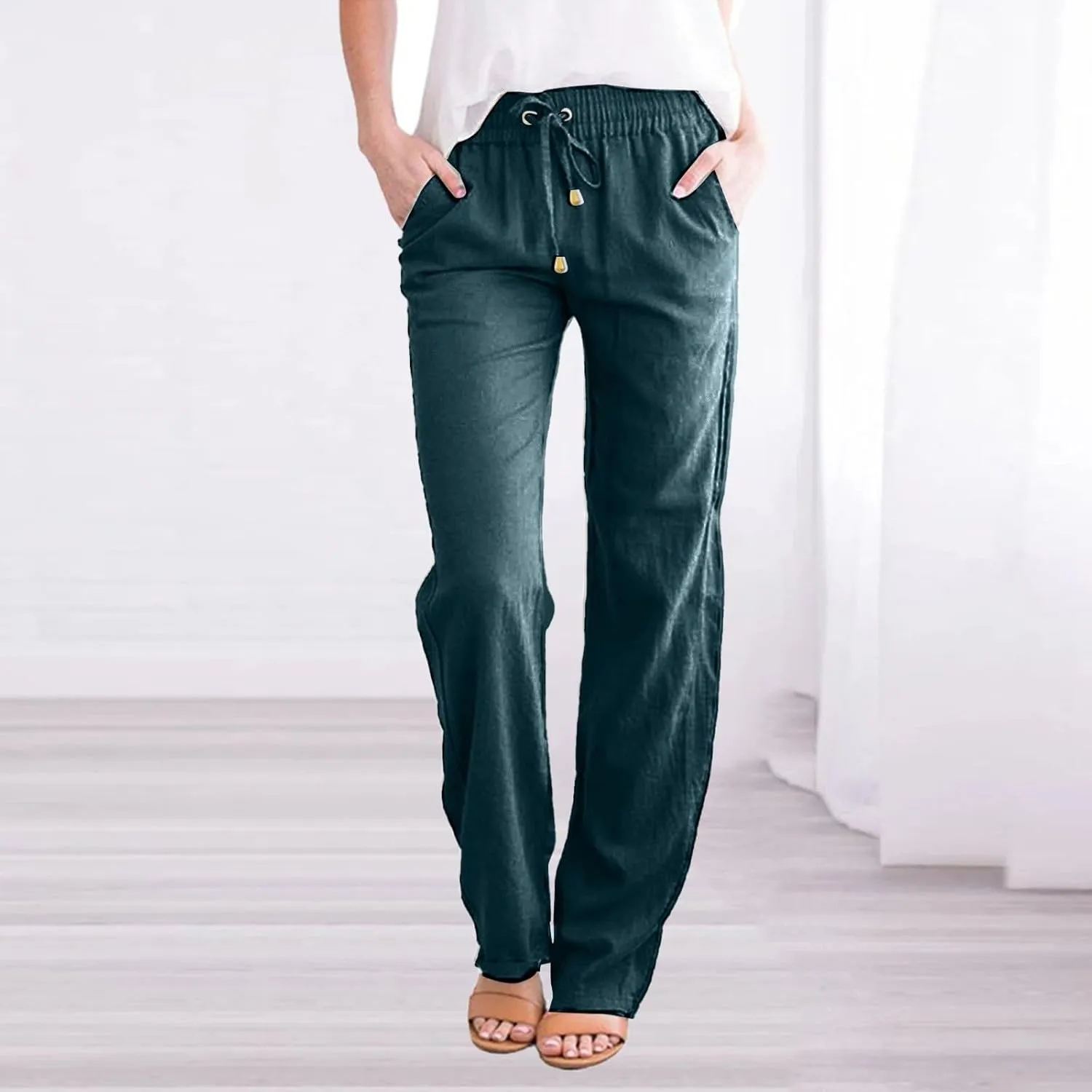 Women's Cotton Linen Pants 2025 Summer Casual Elastic Waist Trousers Relax Fit Comfy Yoga Beach Pant Sweatpants