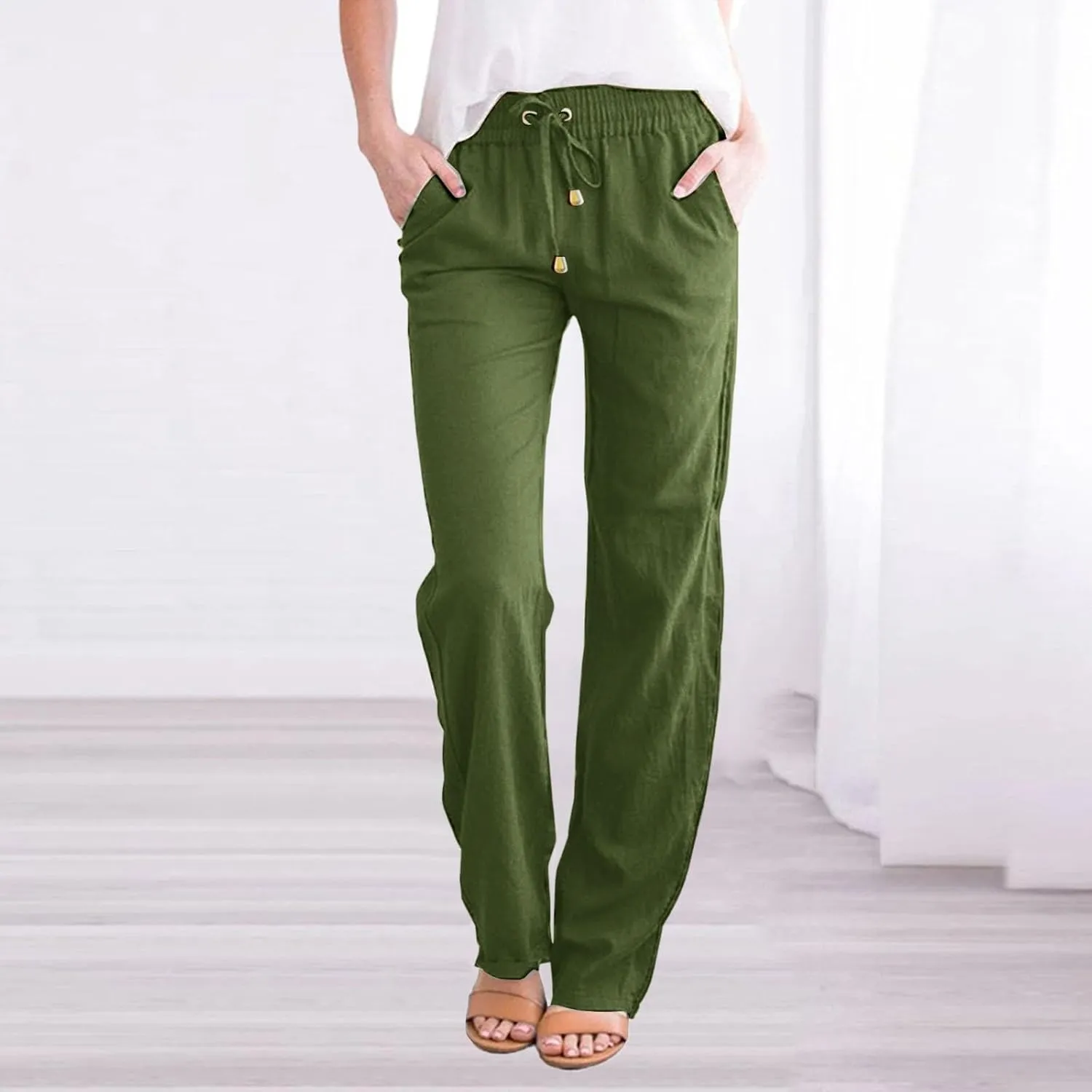 Women's Cotton Linen Pants 2025 Summer Casual Elastic Waist Trousers Relax Fit Comfy Yoga Beach Pant Sweatpants