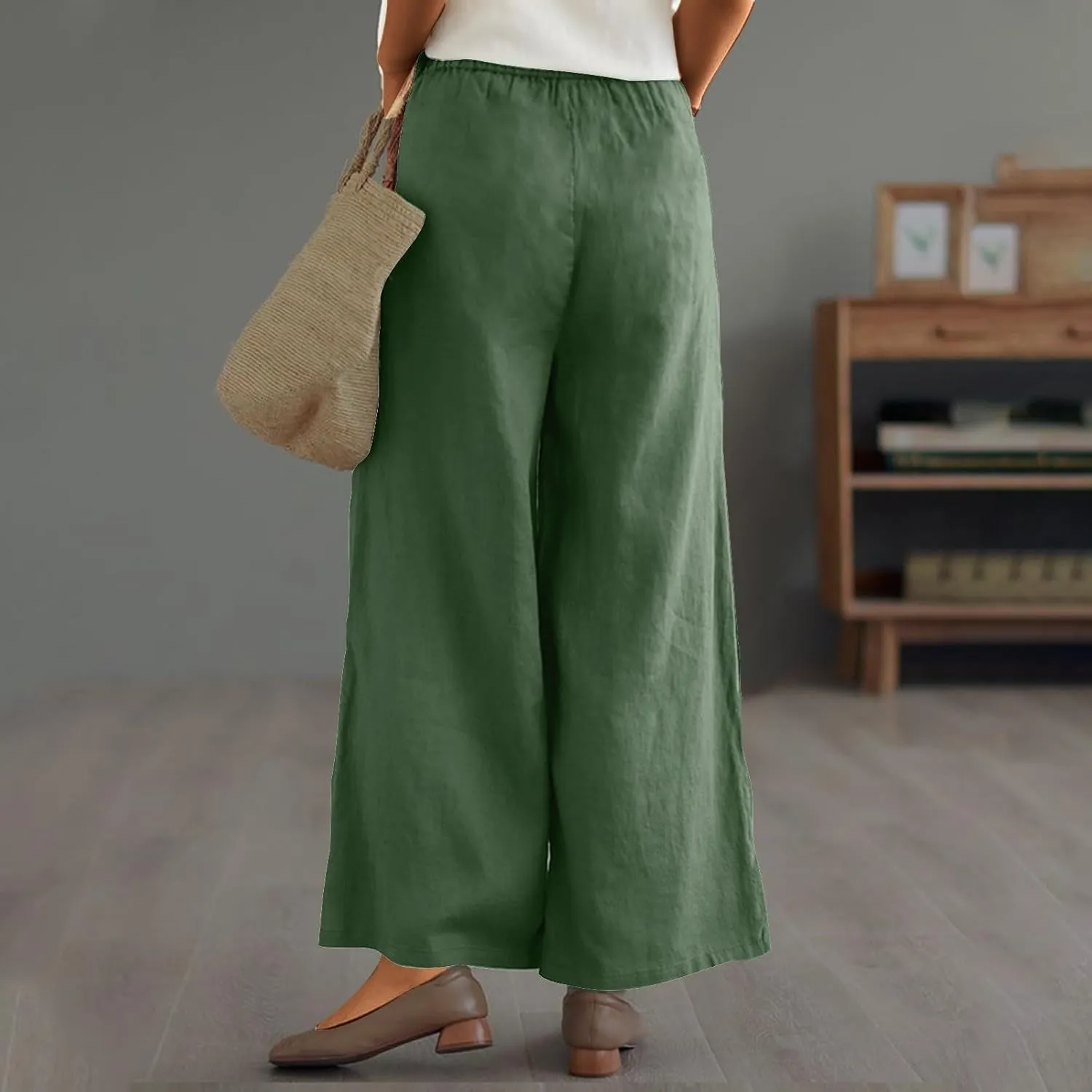 Womens Cotton Linen Pants Solid Button Elastic Waist Casual Wide Leg Trousers Loose Lightweight Comfy Lounge Pants
