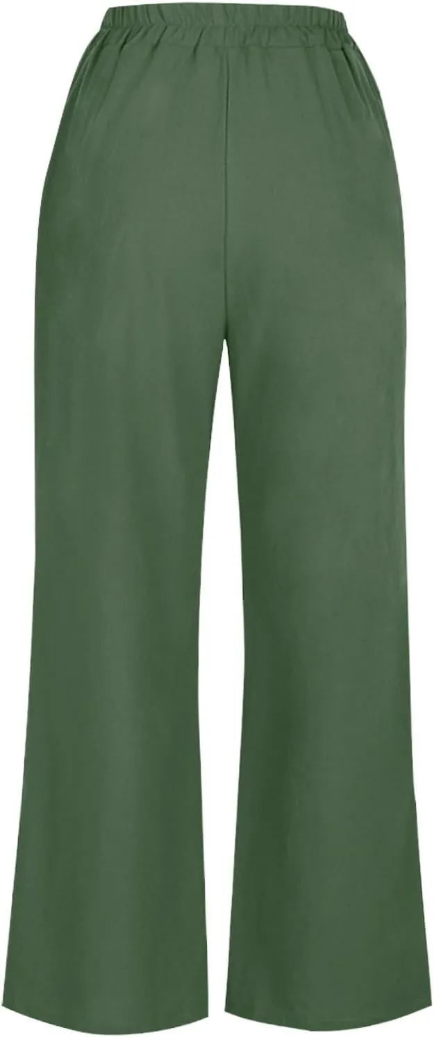 Womens Cotton Linen Pants Solid Button Elastic Waist Casual Wide Leg Trousers Loose Lightweight Comfy Lounge Pants