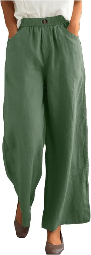 Womens Cotton Linen Pants Solid Button Elastic Waist Casual Wide Leg Trousers Loose Lightweight Comfy Lounge Pants