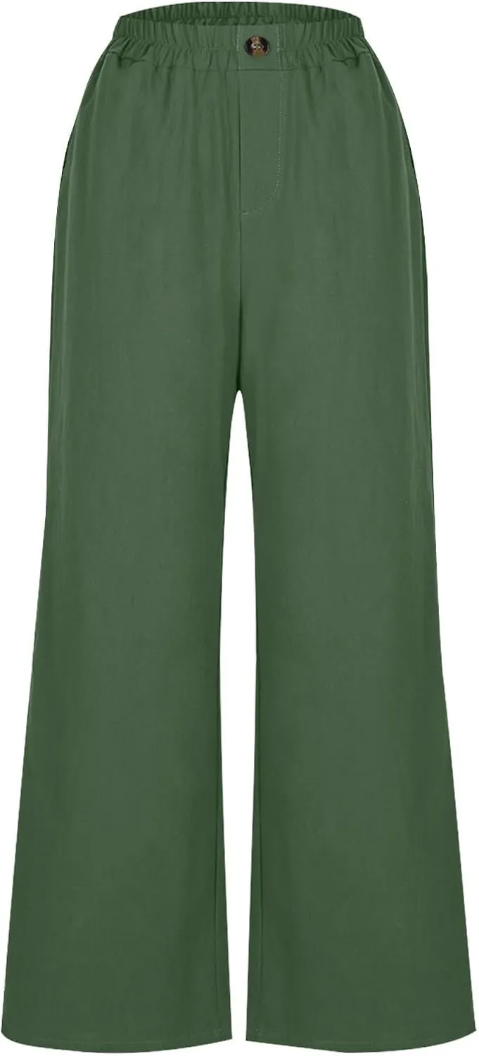 Womens Cotton Linen Pants Solid Button Elastic Waist Casual Wide Leg Trousers Loose Lightweight Comfy Lounge Pants