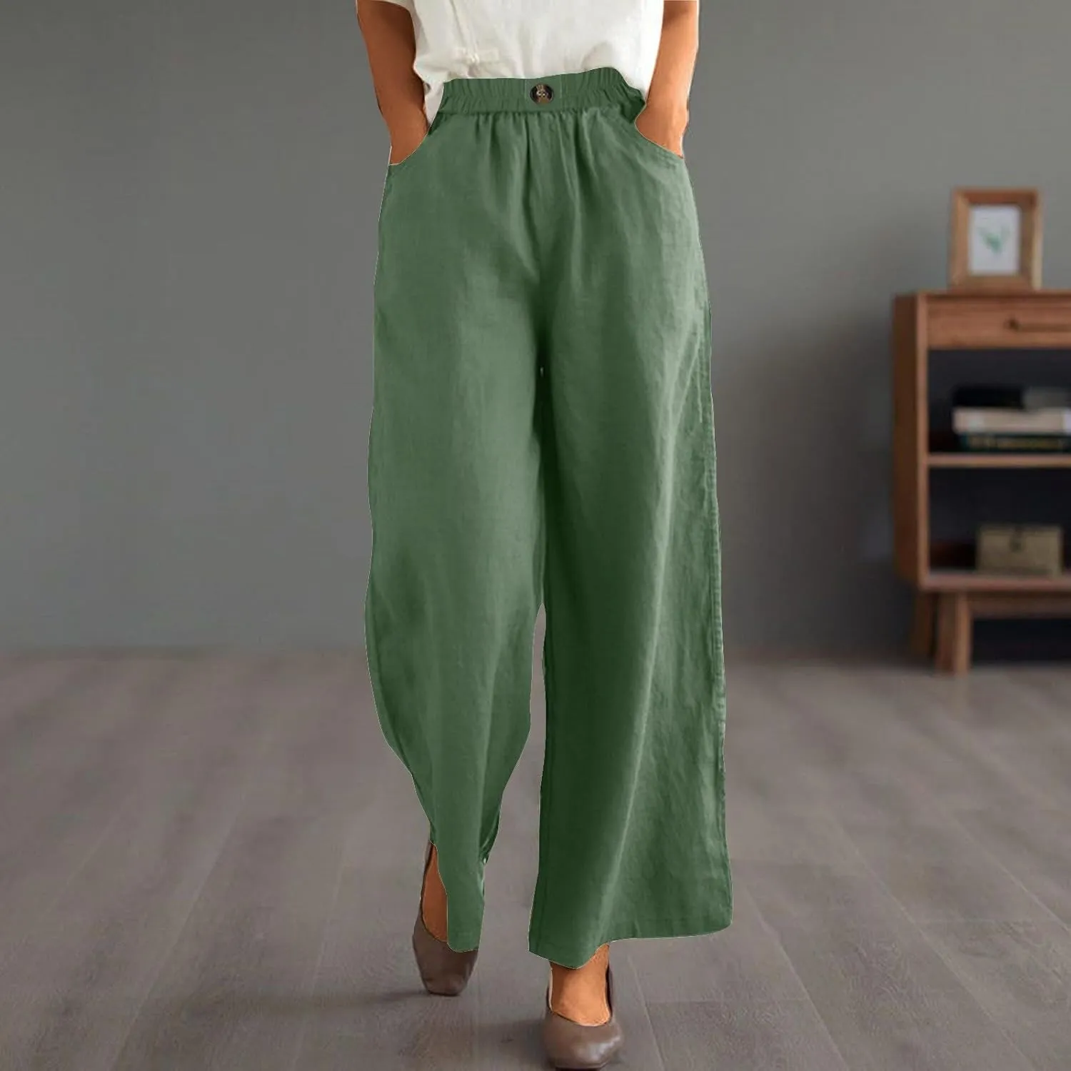 Womens Cotton Linen Pants Solid Button Elastic Waist Casual Wide Leg Trousers Loose Lightweight Comfy Lounge Pants