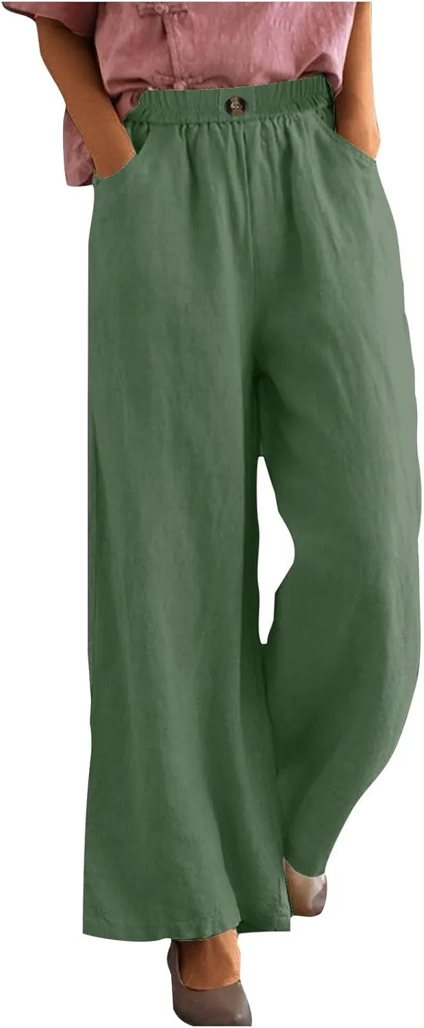 Womens Cotton Linen Pants Solid Button Elastic Waist Casual Wide Leg Trousers Loose Lightweight Comfy Lounge Pants