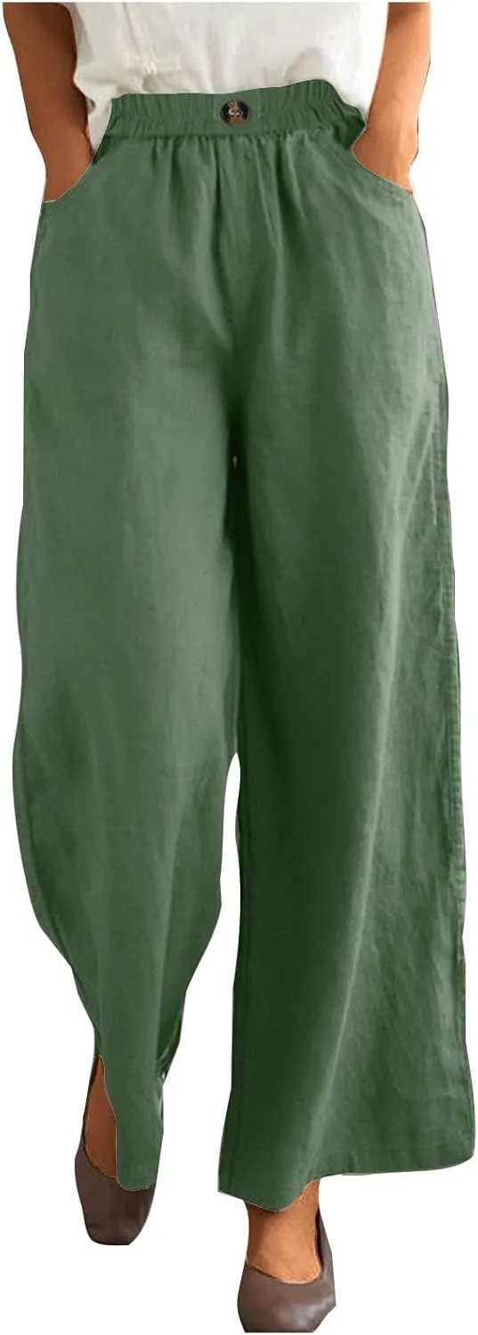 Womens Cotton Linen Pants Solid Button Elastic Waist Casual Wide Leg Trousers Loose Lightweight Comfy Lounge Pants