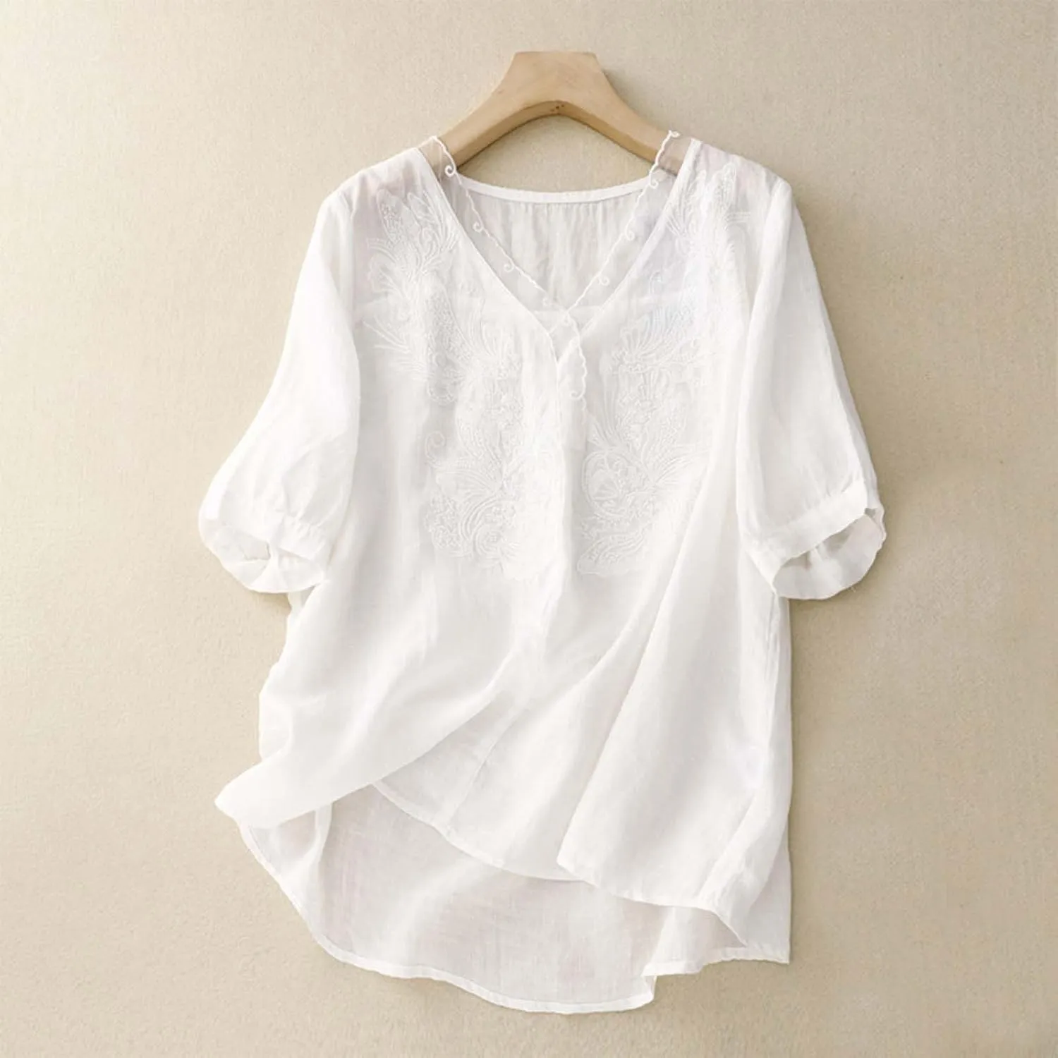 Women's Cotton Linen Tops Plus Size Lace V Neck Half Sleeve Shirts for Women Summer Trendy Embroidery Blouse Casual Soild Tee
