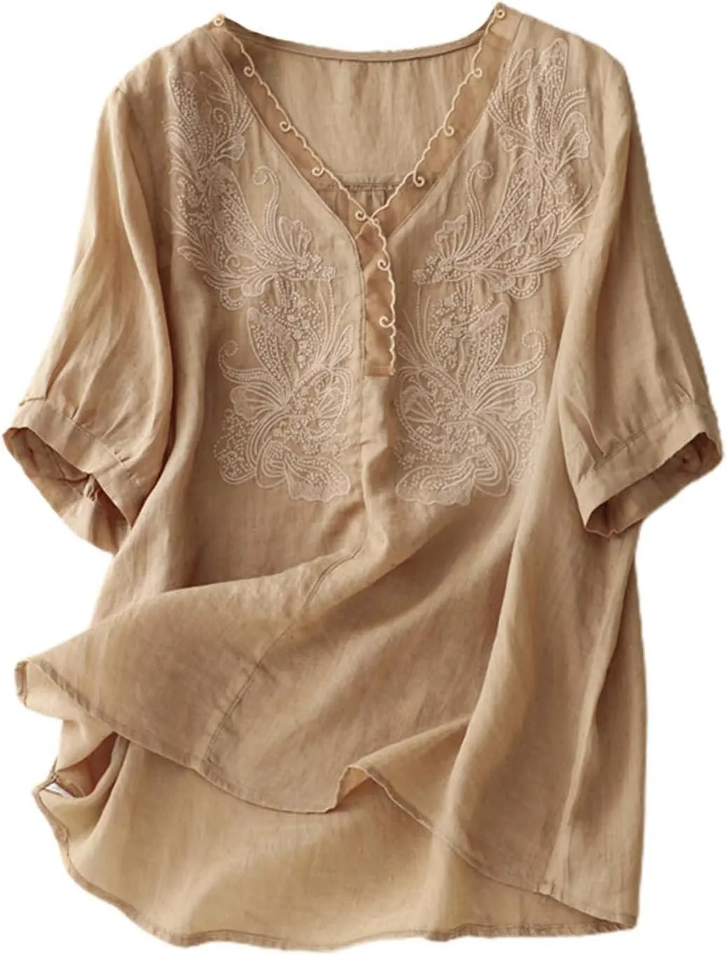 Women's Cotton Linen Tops Plus Size Lace V Neck Half Sleeve Shirts for Women Summer Trendy Embroidery Blouse Casual Soild Tee
