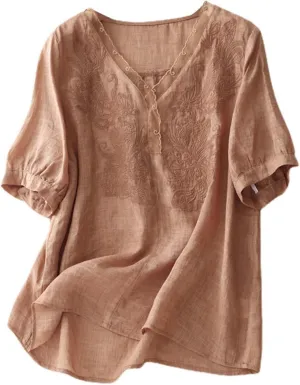 Women's Cotton Linen Tops Plus Size Lace V Neck Half Sleeve Shirts for Women Summer Trendy Embroidery Blouse Casual Soild Tee