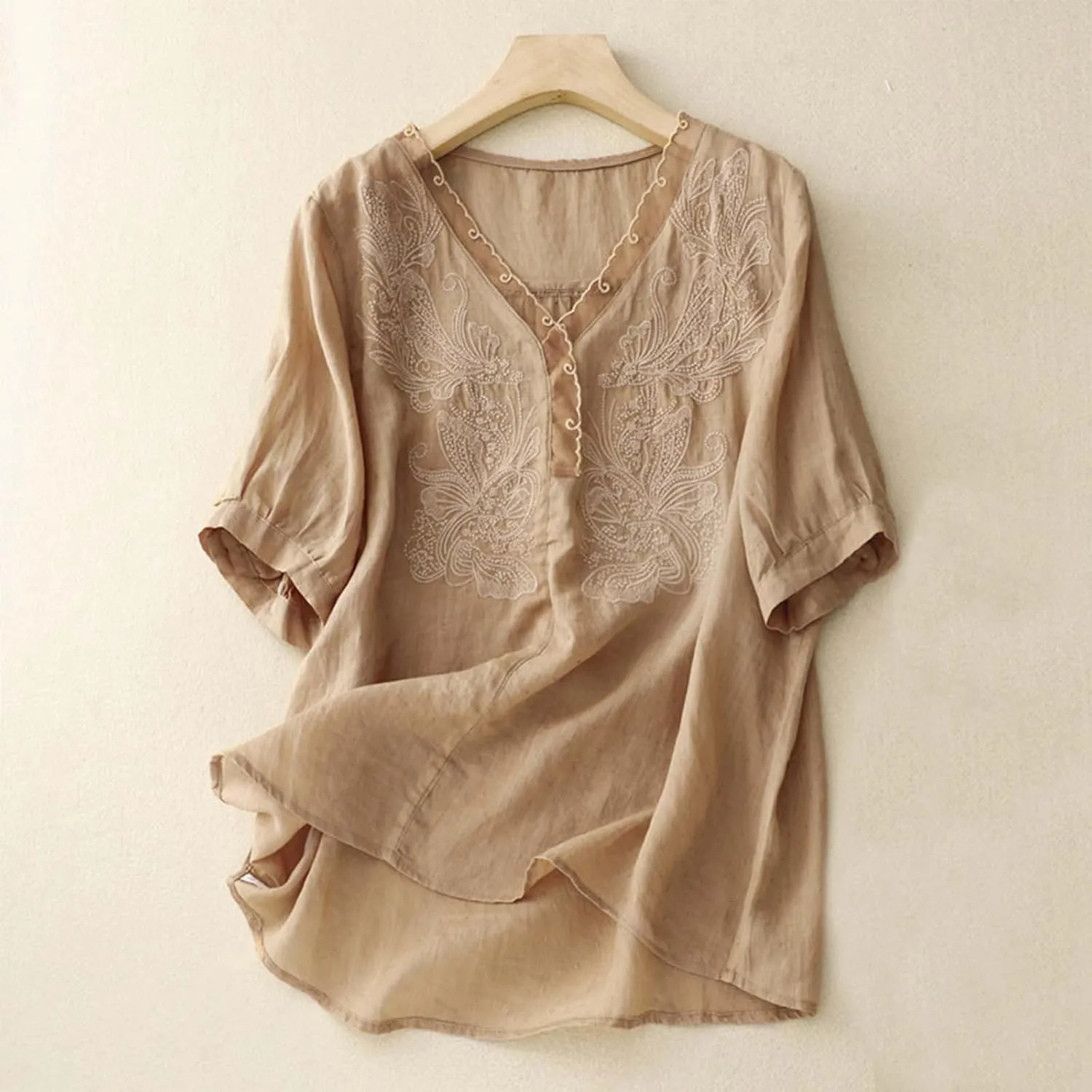 Women's Cotton Linen Tops Plus Size Lace V Neck Half Sleeve Shirts for Women Summer Trendy Embroidery Blouse Casual Soild Tee