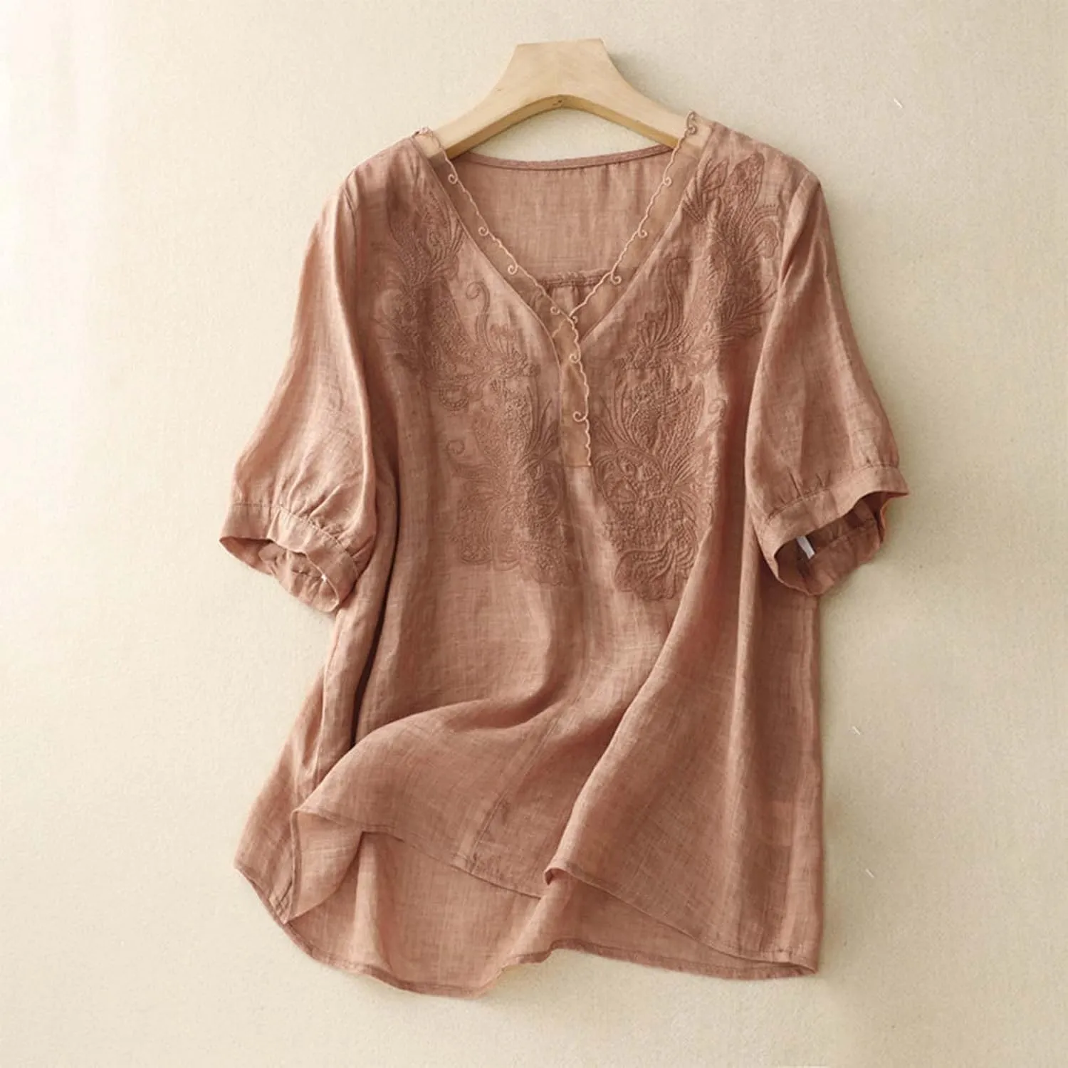 Women's Cotton Linen Tops Plus Size Lace V Neck Half Sleeve Shirts for Women Summer Trendy Embroidery Blouse Casual Soild Tee