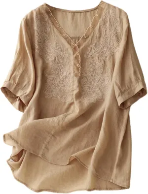 Women's Cotton Linen Tops Plus Size Lace V Neck Half Sleeve Shirts for Women Summer Trendy Embroidery Blouse Casual Soild Tee