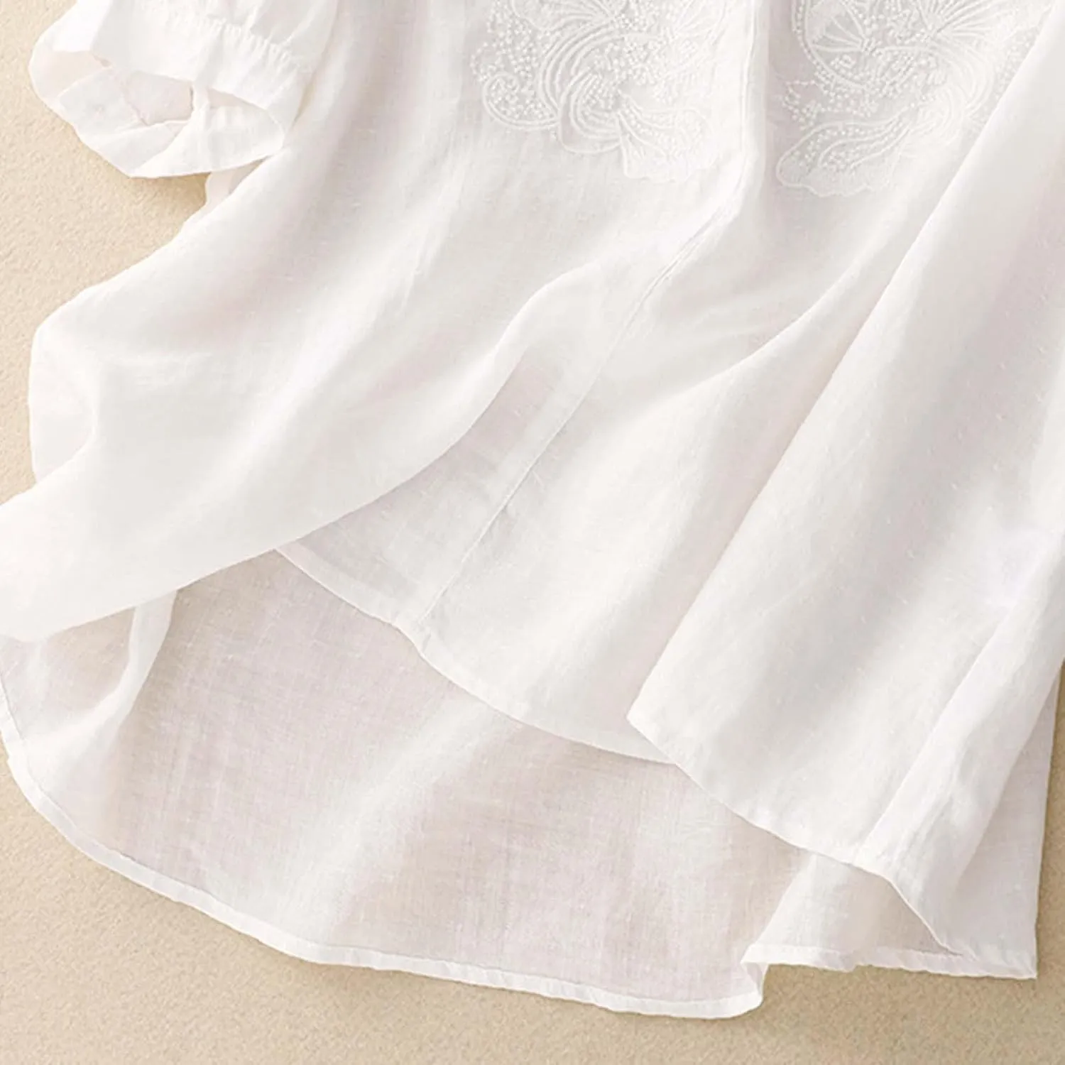 Women's Cotton Linen Tops Plus Size Lace V Neck Half Sleeve Shirts for Women Summer Trendy Embroidery Blouse Casual Soild Tee
