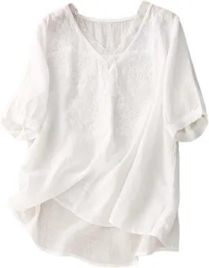 Women's Cotton Linen Tops Plus Size Lace V Neck Half Sleeve Shirts for Women Summer Trendy Embroidery Blouse Casual Soild Tee