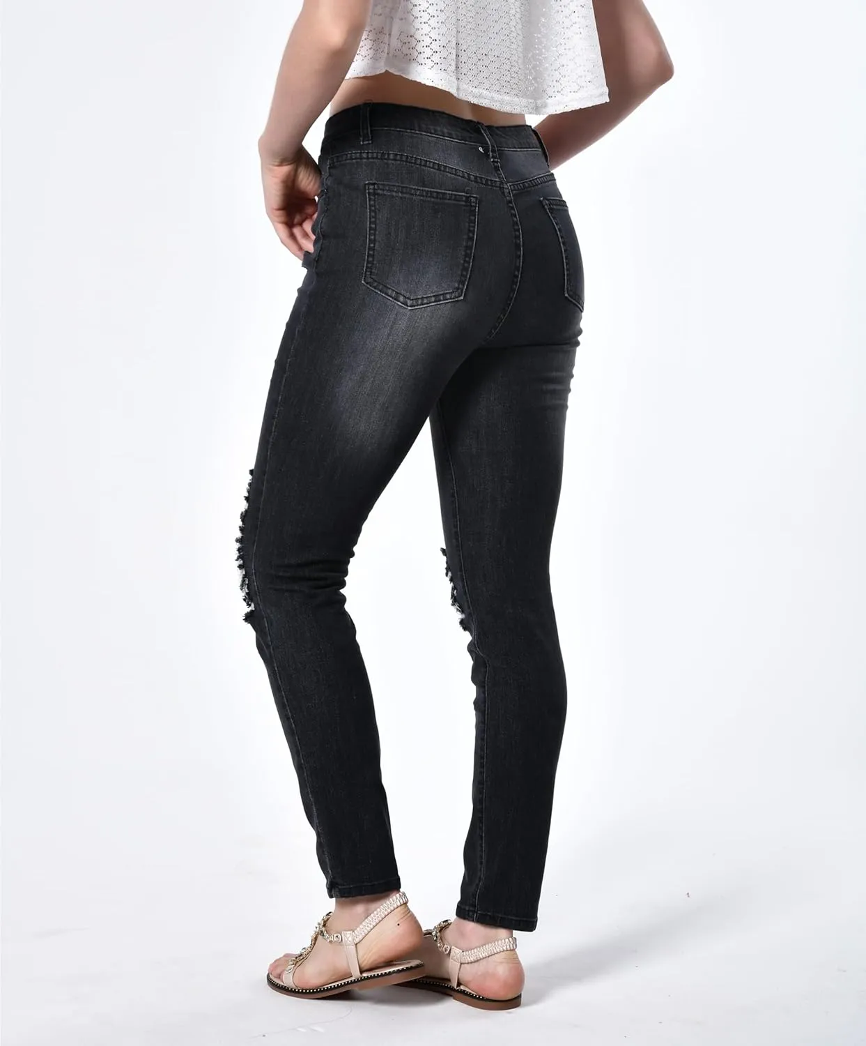 Women's Distressed Mid Waisted Boyfriend Jeans Loose Fit Ripped Stretchy Denim Pants