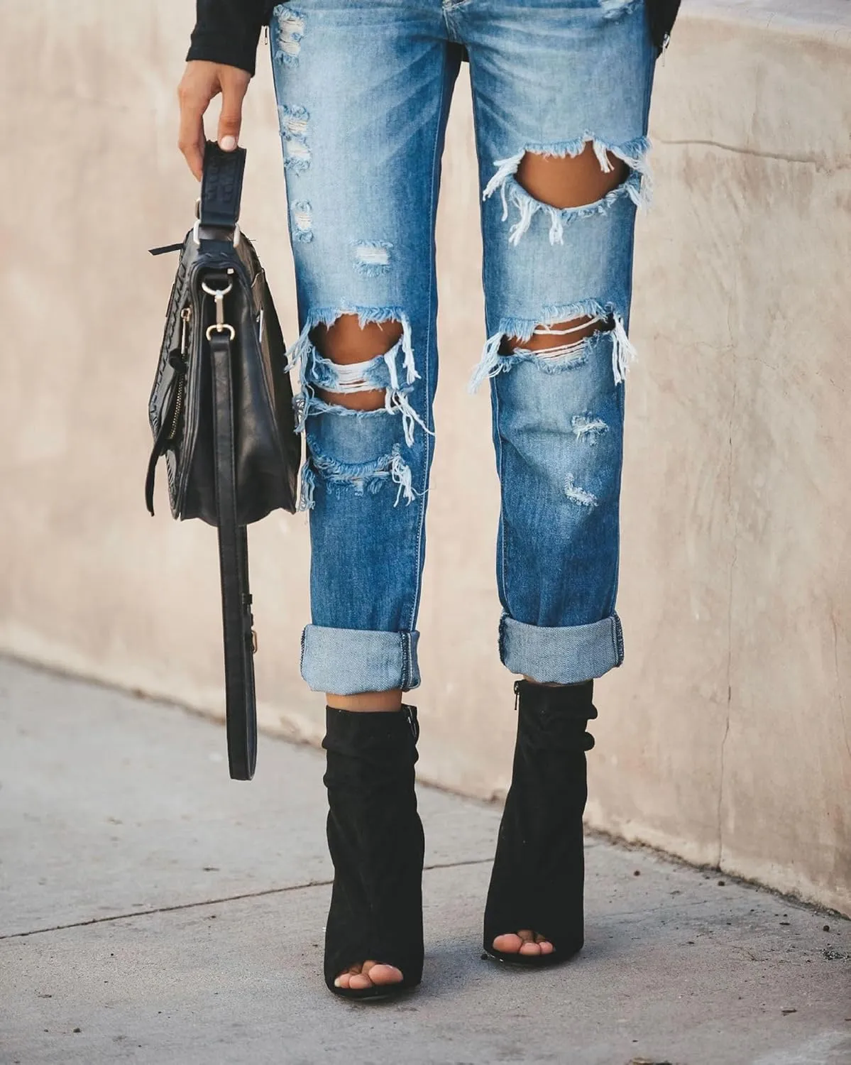 Women's Distressed Mid Waisted Boyfriend Jeans Loose Fit Ripped Stretchy Denim Pants