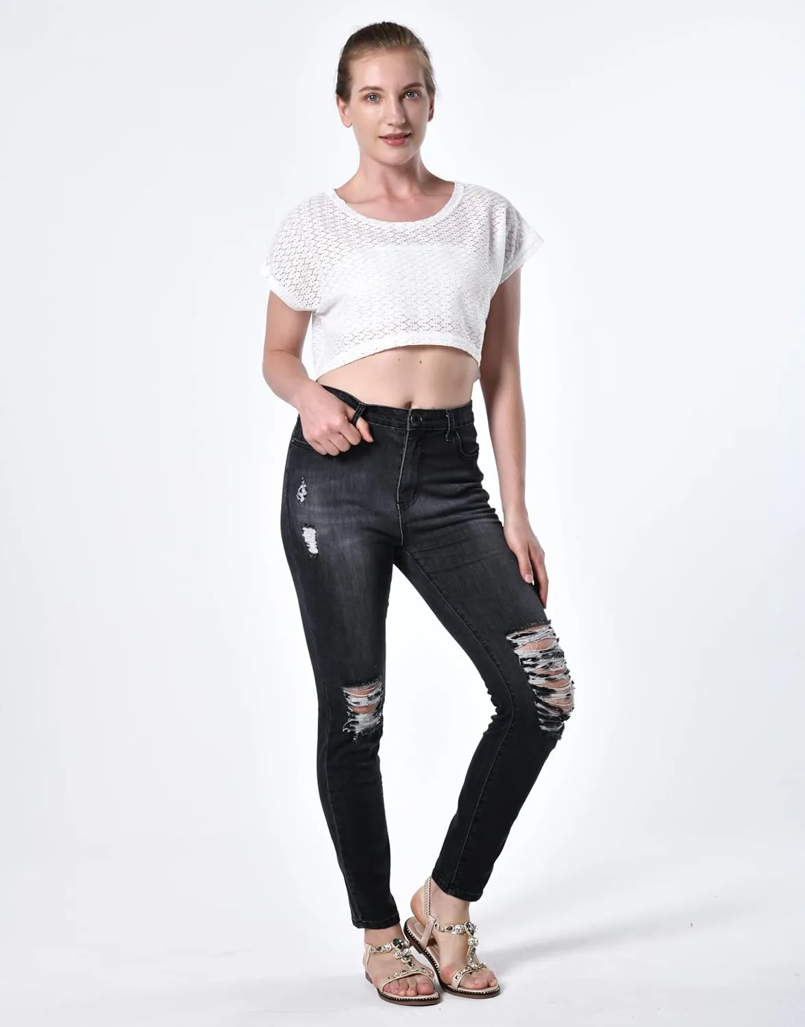 Women's Distressed Mid Waisted Boyfriend Jeans Loose Fit Ripped Stretchy Denim Pants