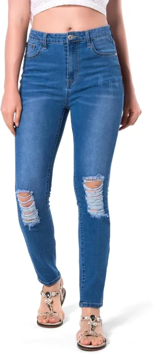Women's Distressed Mid Waisted Boyfriend Jeans Loose Fit Ripped Stretchy Denim Pants
