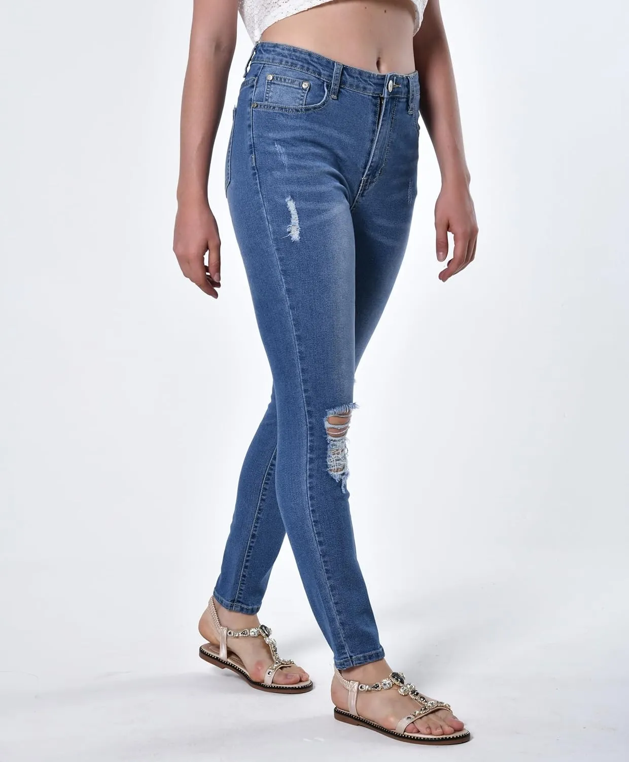 Women's Distressed Mid Waisted Boyfriend Jeans Loose Fit Ripped Stretchy Denim Pants