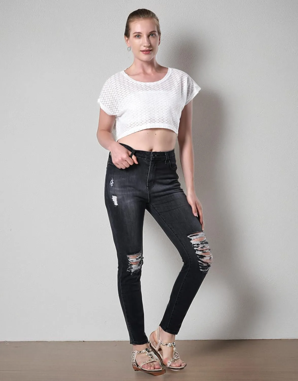 Women's Distressed Mid Waisted Boyfriend Jeans Loose Fit Ripped Stretchy Denim Pants