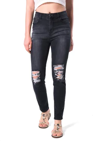 Women's Distressed Mid Waisted Boyfriend Jeans Loose Fit Ripped Stretchy Denim Pants