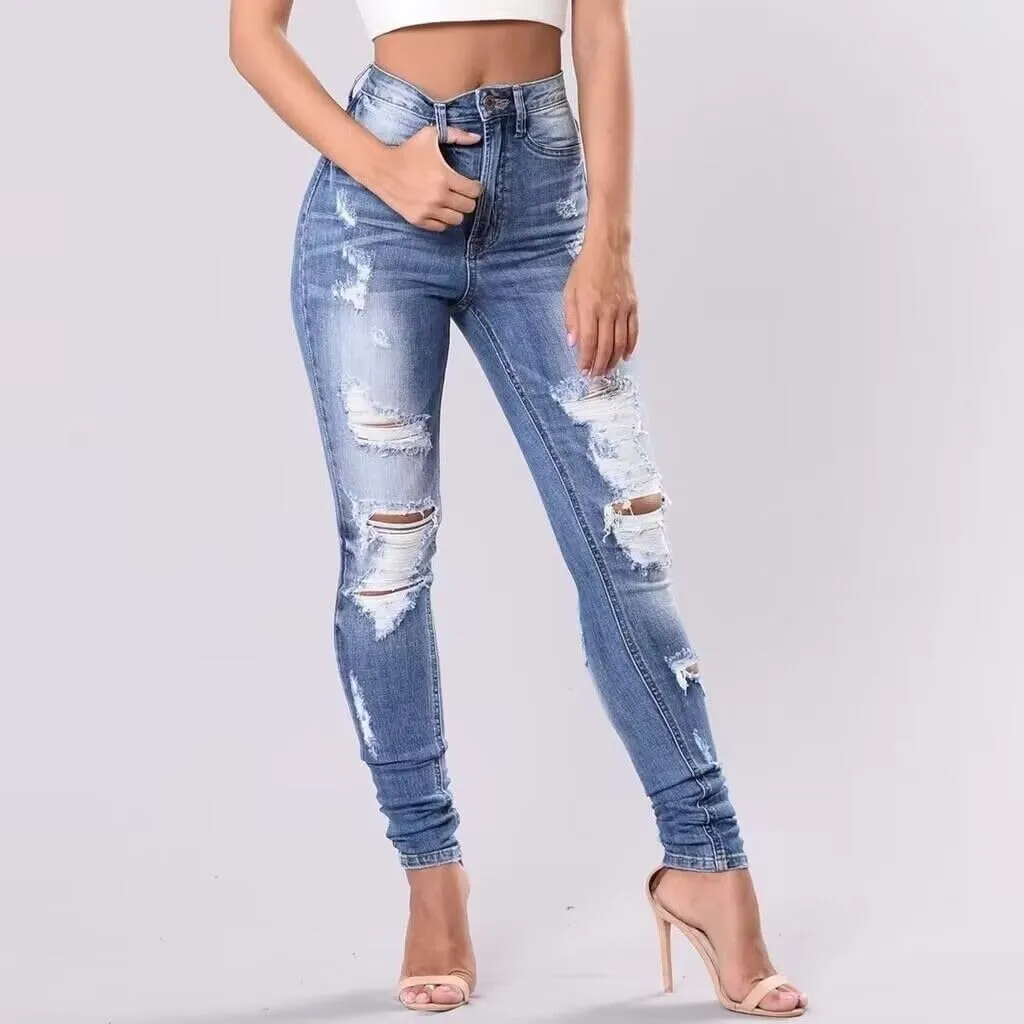 Women's Distressed Mid Waisted Boyfriend Jeans Loose Fit Ripped Stretchy Denim Pants
