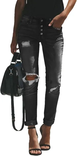 Women's Distressed Mid Waisted Boyfriend Jeans Loose Fit Ripped Stretchy Denim Pants