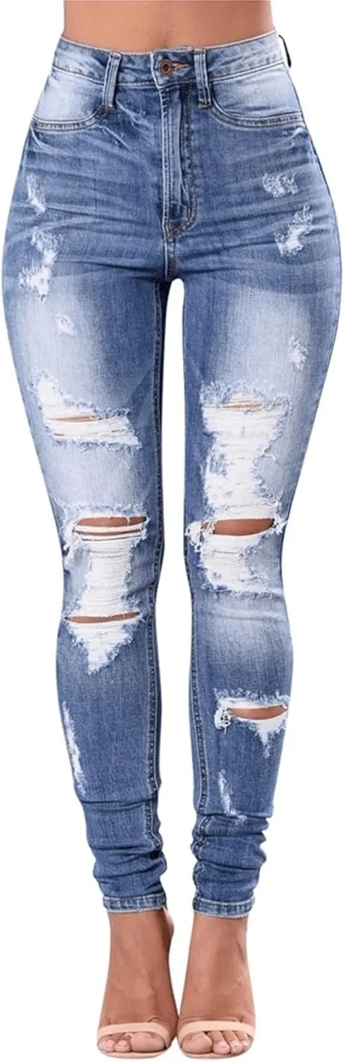 Women's Distressed Mid Waisted Boyfriend Jeans Loose Fit Ripped Stretchy Denim Pants