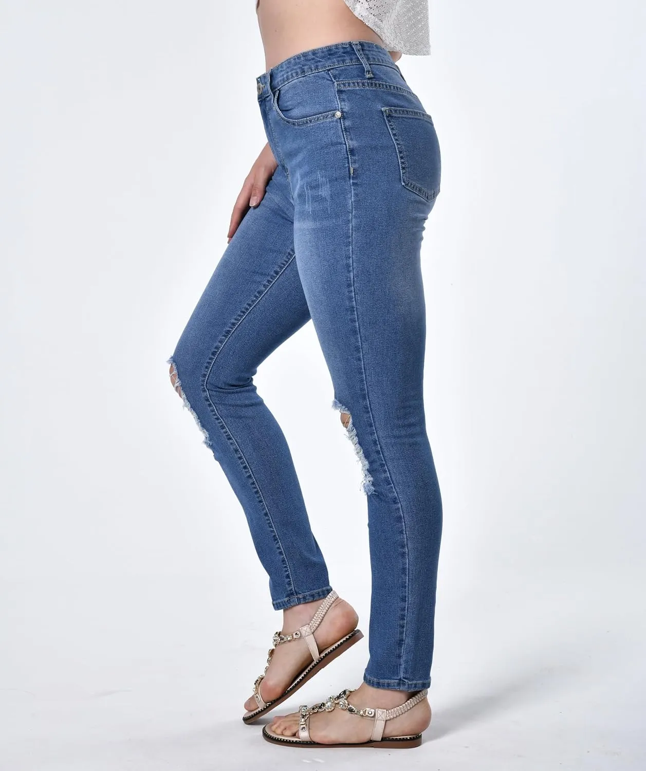Women's Distressed Mid Waisted Boyfriend Jeans Loose Fit Ripped Stretchy Denim Pants