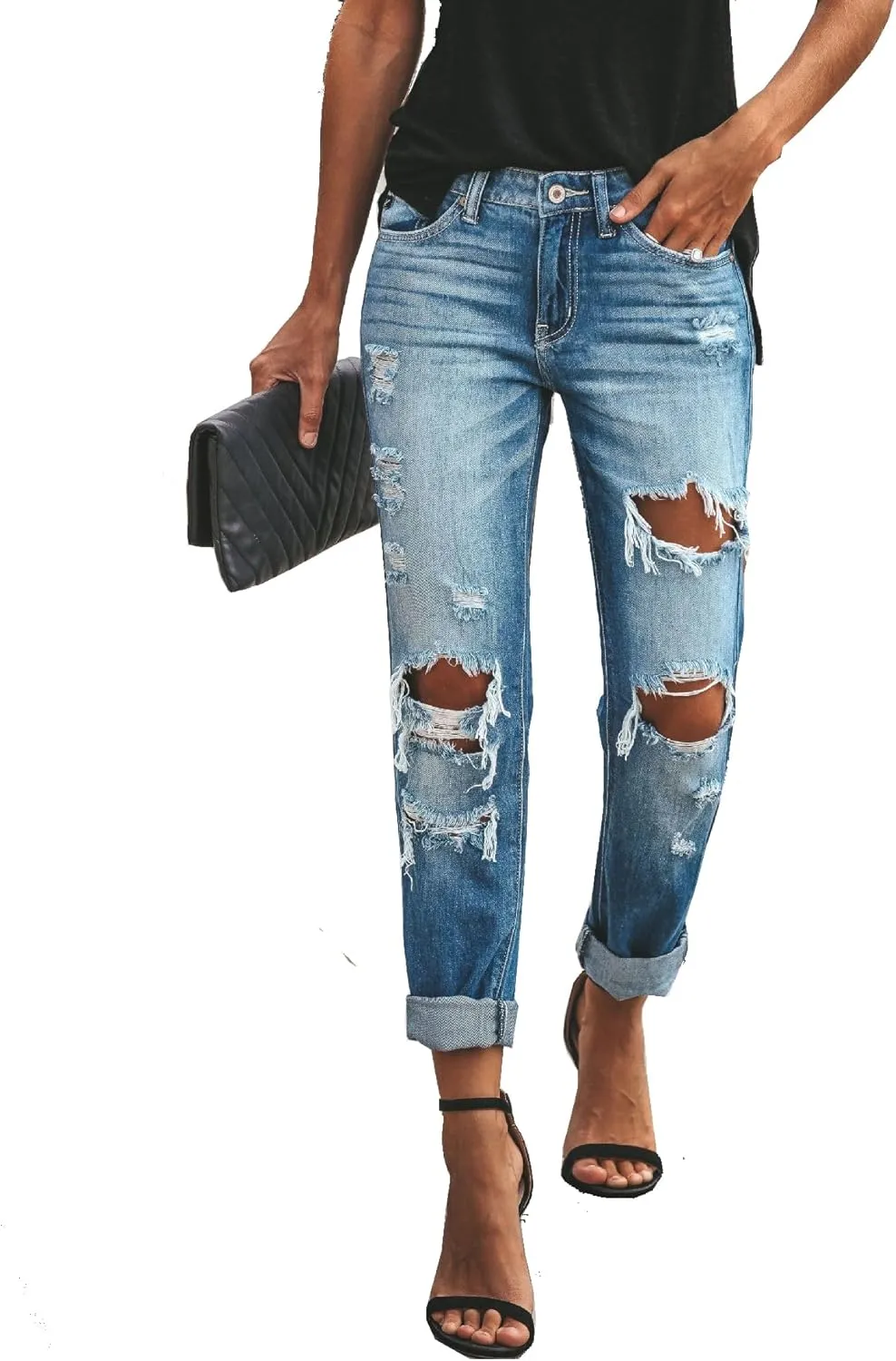 Women's Distressed Mid Waisted Boyfriend Jeans Loose Fit Ripped Stretchy Denim Pants