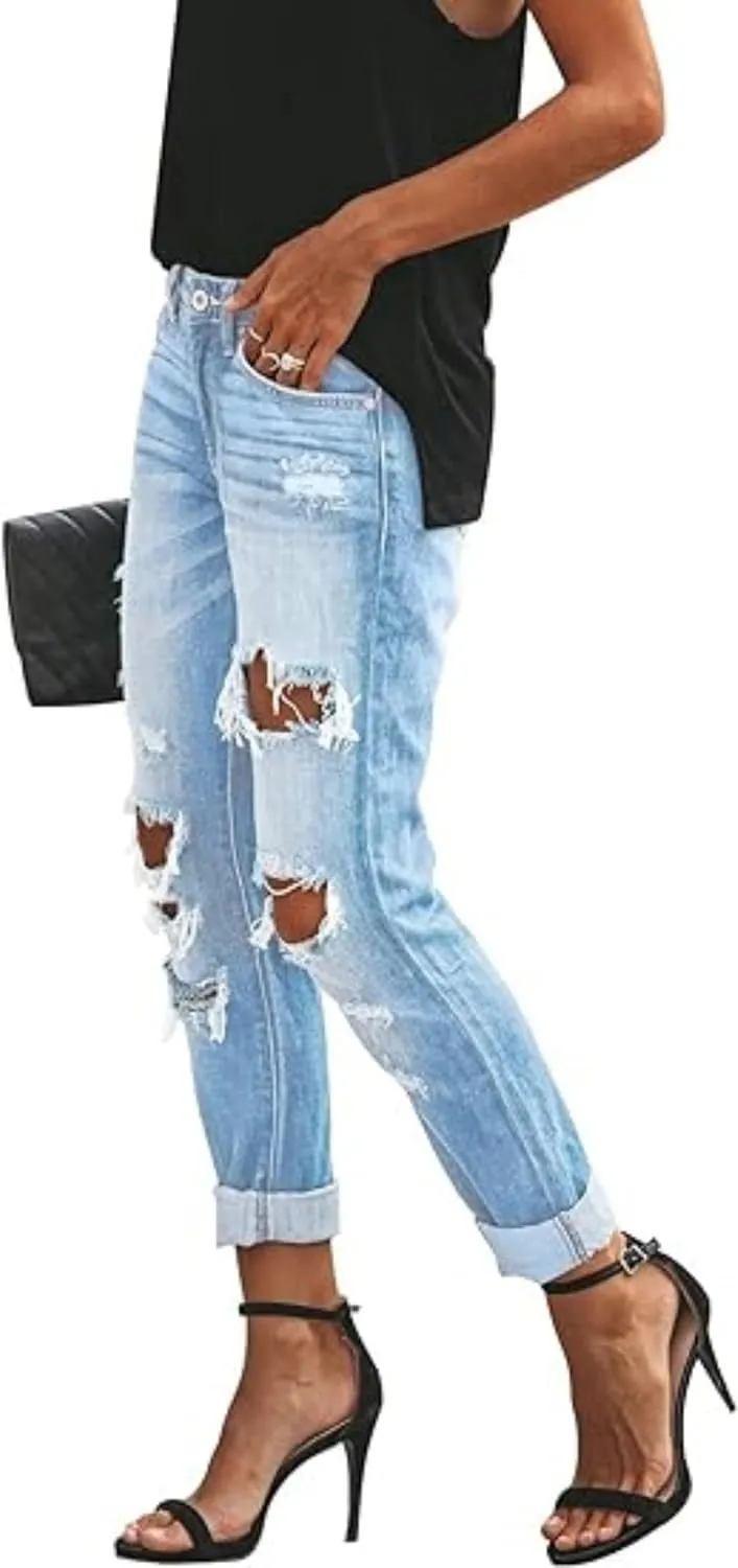 Women's Distressed Mid Waisted Boyfriend Jeans Loose Fit Ripped Stretchy Denim Pants