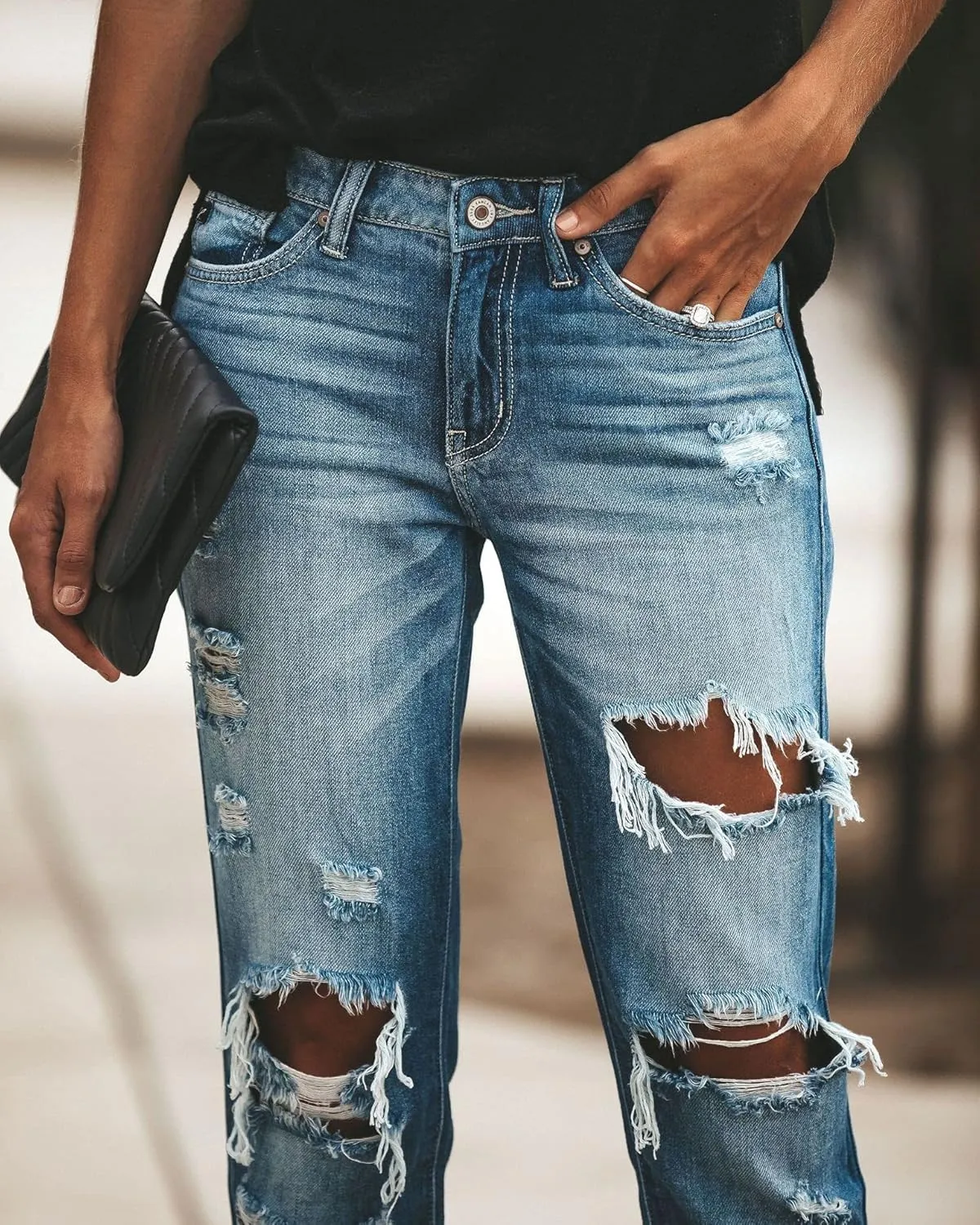 Women's Distressed Mid Waisted Boyfriend Jeans Loose Fit Ripped Stretchy Denim Pants