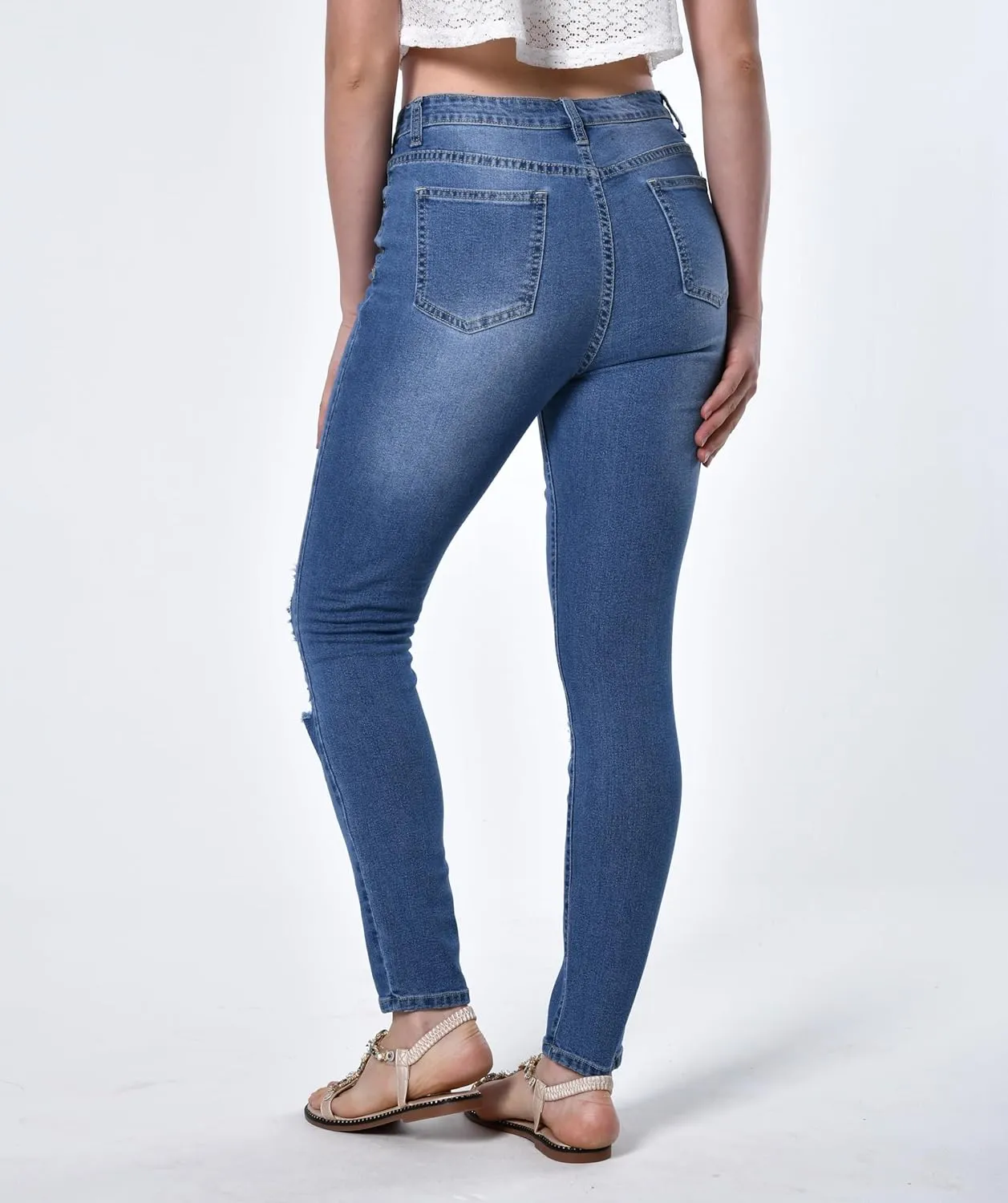 Women's Distressed Mid Waisted Boyfriend Jeans Loose Fit Ripped Stretchy Denim Pants