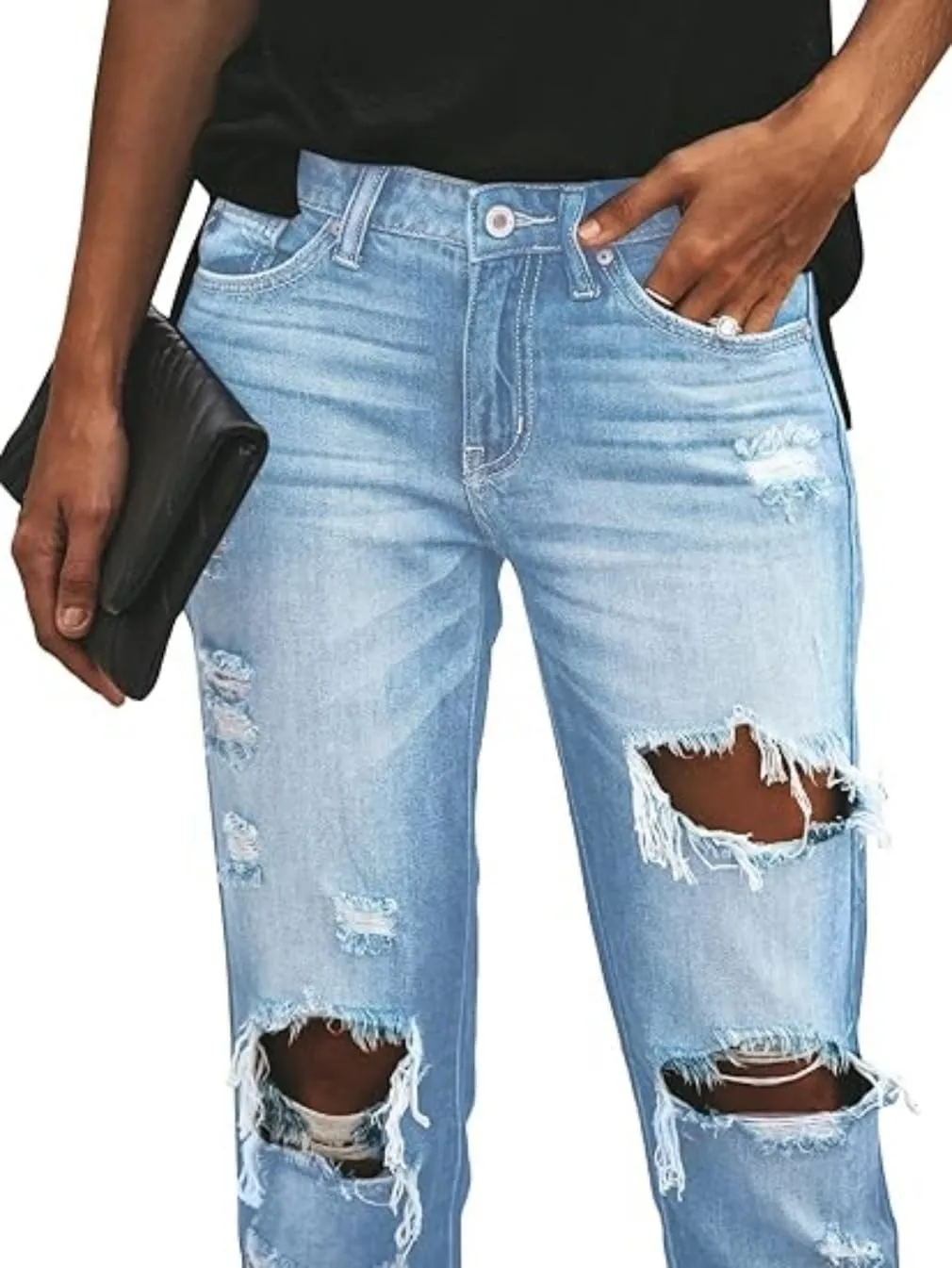 Women's Distressed Mid Waisted Boyfriend Jeans Loose Fit Ripped Stretchy Denim Pants
