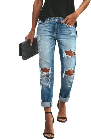 Women's Distressed Mid Waisted Boyfriend Jeans Loose Fit Ripped Stretchy Denim Pants