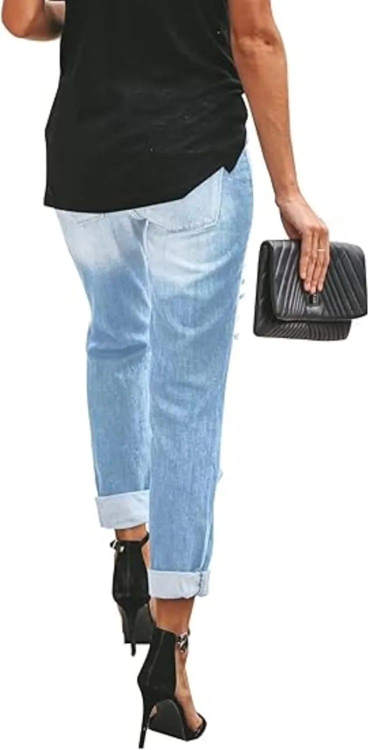 Women's Distressed Mid Waisted Boyfriend Jeans Loose Fit Ripped Stretchy Denim Pants
