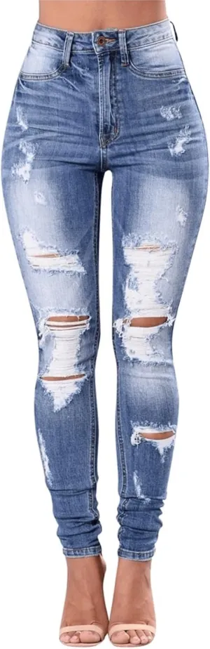 Women's Distressed Mid Waisted Boyfriend Jeans Loose Fit Ripped Stretchy Denim Pants