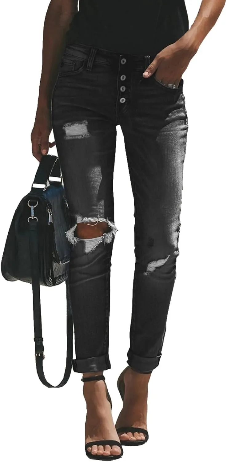 Women's Distressed Mid Waisted Boyfriend Jeans Loose Fit Ripped Stretchy Denim Pants