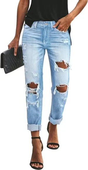 Women's Distressed Mid Waisted Boyfriend Jeans Loose Fit Ripped Stretchy Denim Pants