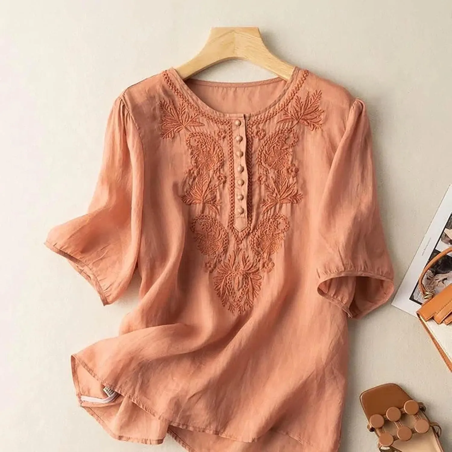 Womens Elbow Sleeve Linen Shirts Summer Vintage Embroidered Blouse Dressy Casual Button Henley Tee Tops Boho Tunic