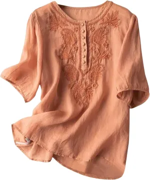 Womens Elbow Sleeve Linen Shirts Summer Vintage Embroidered Blouse Dressy Casual Button Henley Tee Tops Boho Tunic