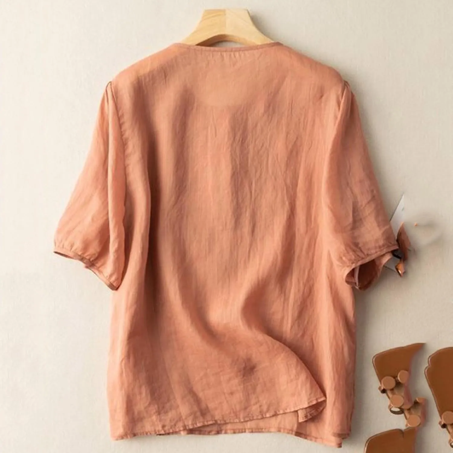 Womens Elbow Sleeve Linen Shirts Summer Vintage Embroidered Blouse Dressy Casual Button Henley Tee Tops Boho Tunic
