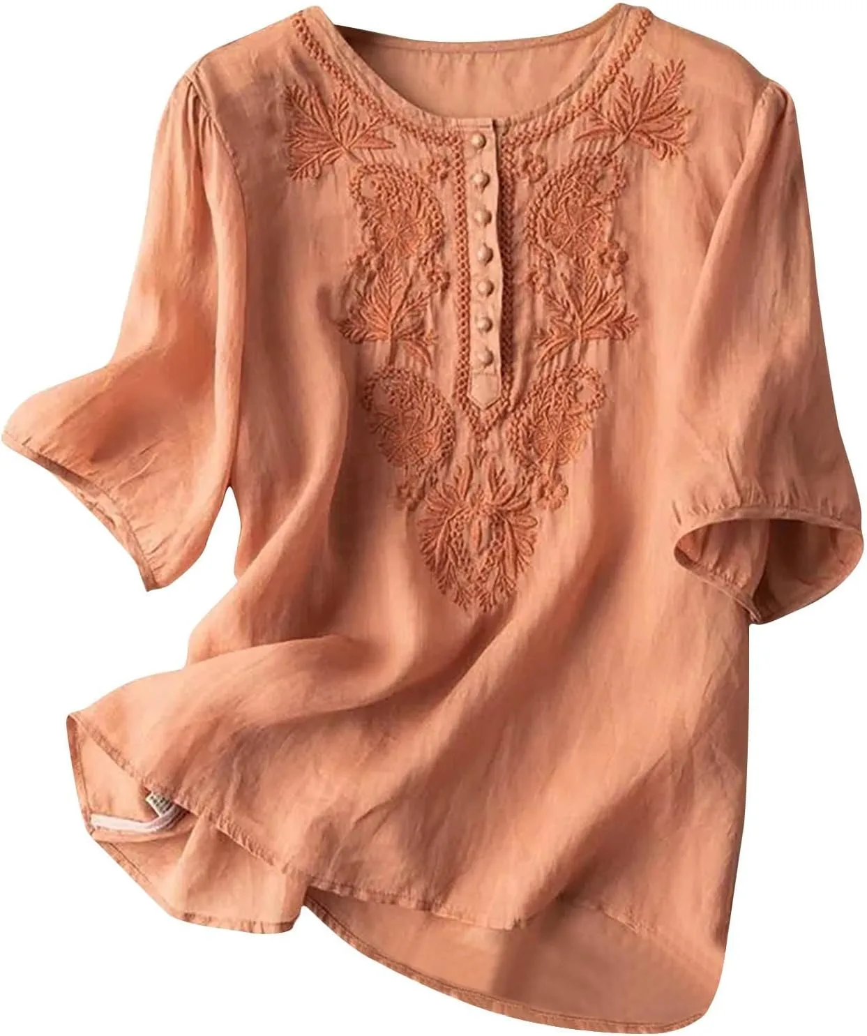 Womens Elbow Sleeve Linen Shirts Summer Vintage Embroidered Blouse Dressy Casual Button Henley Tee Tops Boho Tunic