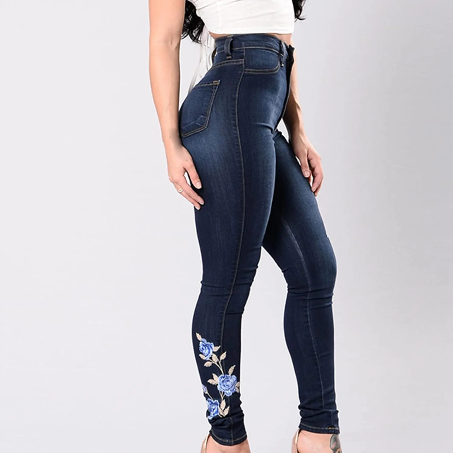 Women's Embroidered Stretch Denim Trousers High Waist Floral Hole Pencil Jeans Rose Distressed Ripped Jeans Trouser