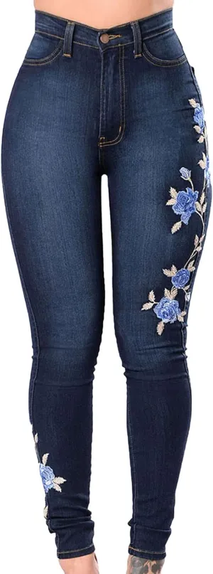Women's Embroidered Stretch Denim Trousers High Waist Floral Hole Pencil Jeans Rose Distressed Ripped Jeans Trouser