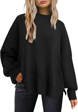 Womens Fall Crew Neck Sweater Oversize Lantern Sleeve Pullover Casual Solid Ribbed Sweater Winter Knit Jumper Tops