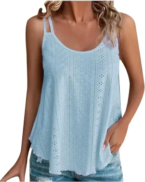 Womens Fashion Tank Tops Eyelet Embroidery Sleeveless T Shirt Spaghetti Strap Scoop Neck Cami Shirts Loose Casual Tops