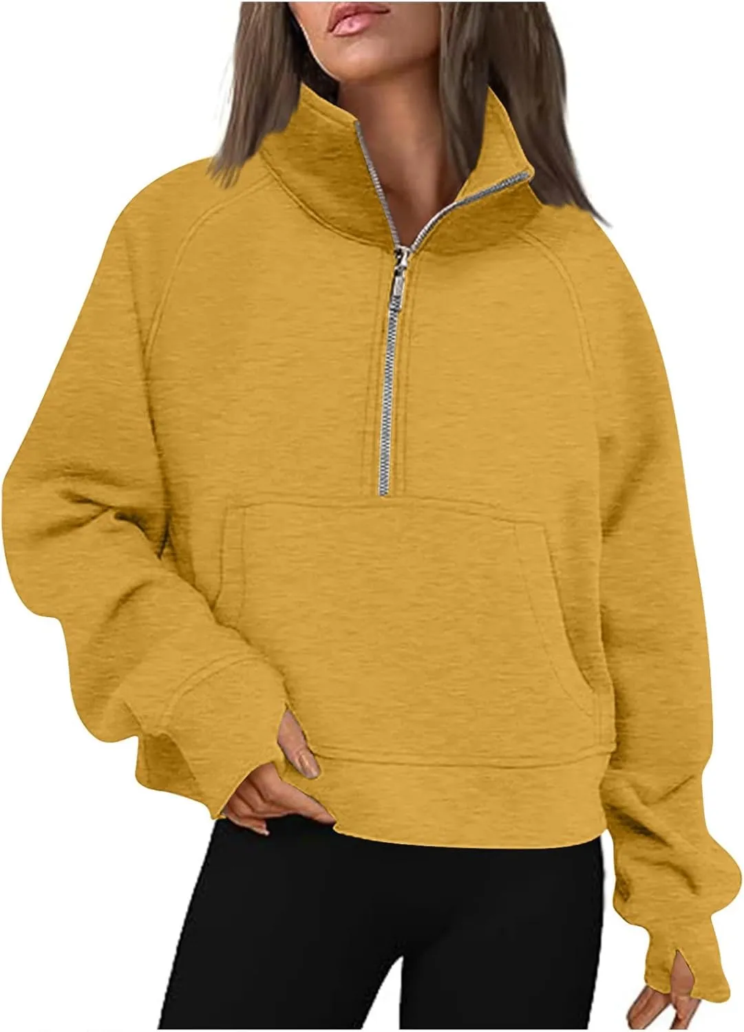 Womens Half Zip Pullover Cropped Sweatshirts Fleece Quarter Zipper Hoodies Workout Sweater Fall Outfits Thumb Hole